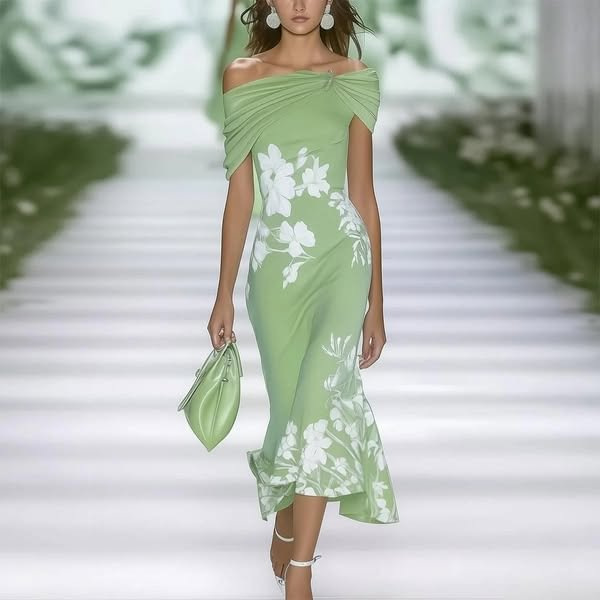 2025 European and American Women's Clothing, Cross-border Amazon, Digital Printed Off-Shoulder Short-Sleeve Summer Dress - Image 3