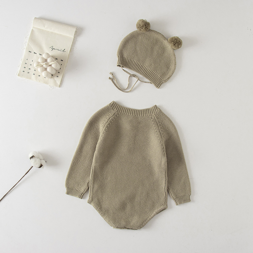 2021 Korean version of the newborn baby autumn knitted jumpsuit male and female baby cute hat bag fart crawling sweater - Image 3