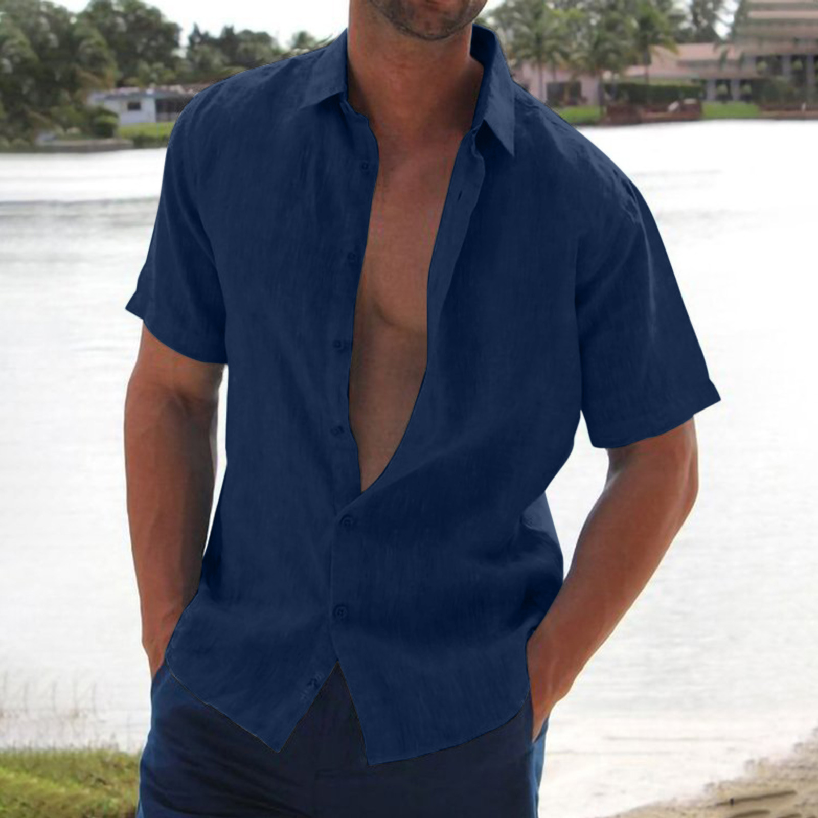 2022 Amazon ebay AliExpress Summer lapel solid color short-sleeved men's linen shirt men's clothing - Image 8