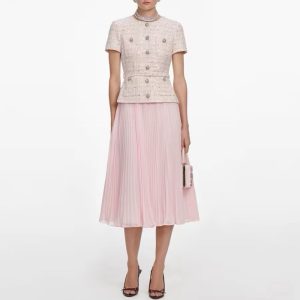 Sophisticated French style, beautiful and pretty pink patchwork short-sleeved round neck dress with faux two-piece pleated skirt