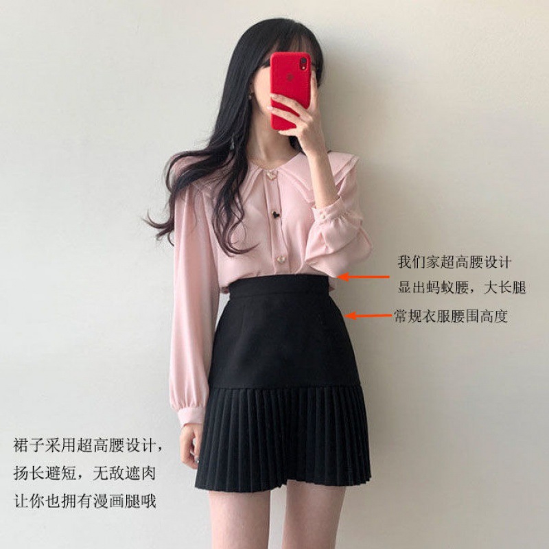 Chiffon shirt suit female spring and autumn temperament two-piece design double-layer doll collar top half-length pleated skirt - Image 2