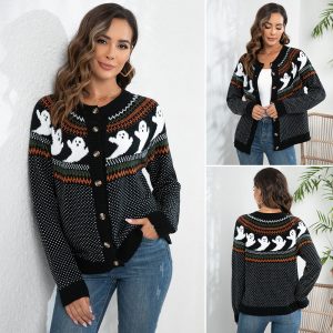 Women's Long-Sleeve Knit Cardigan with Retro Polka-Dot Ghost Pattern