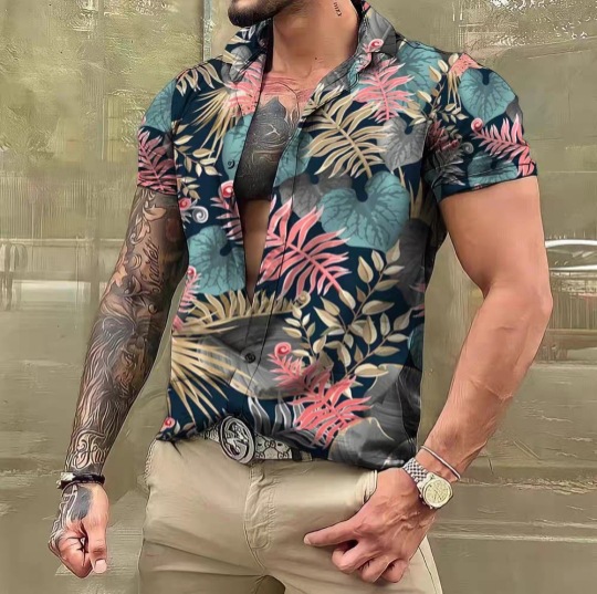 Cross-border foreign trade 2023 men's Hawaiian short-sleeved shirt men's lapel shirt holiday casual T-shirt - Image 14