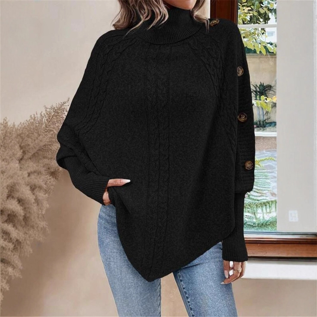 European and American style autumn/winter cable knit women's sweater, Amazon cross-border fashion high neck button decoration long sleeve batwing sweater - Image 3