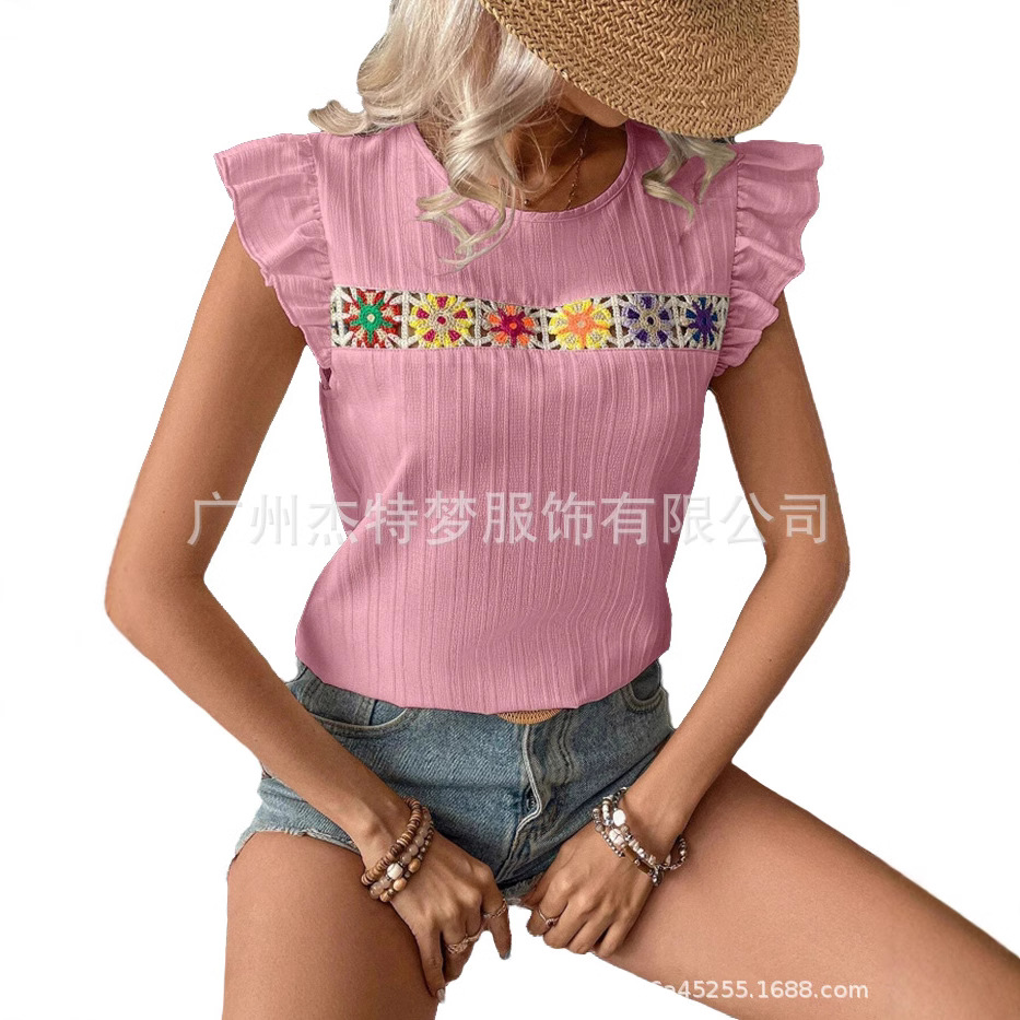 2025 European and American cross-border women's clothing Amazon independent website spring/summer new crochet hollowed-out lace short-sleeved shirt top - Image 5