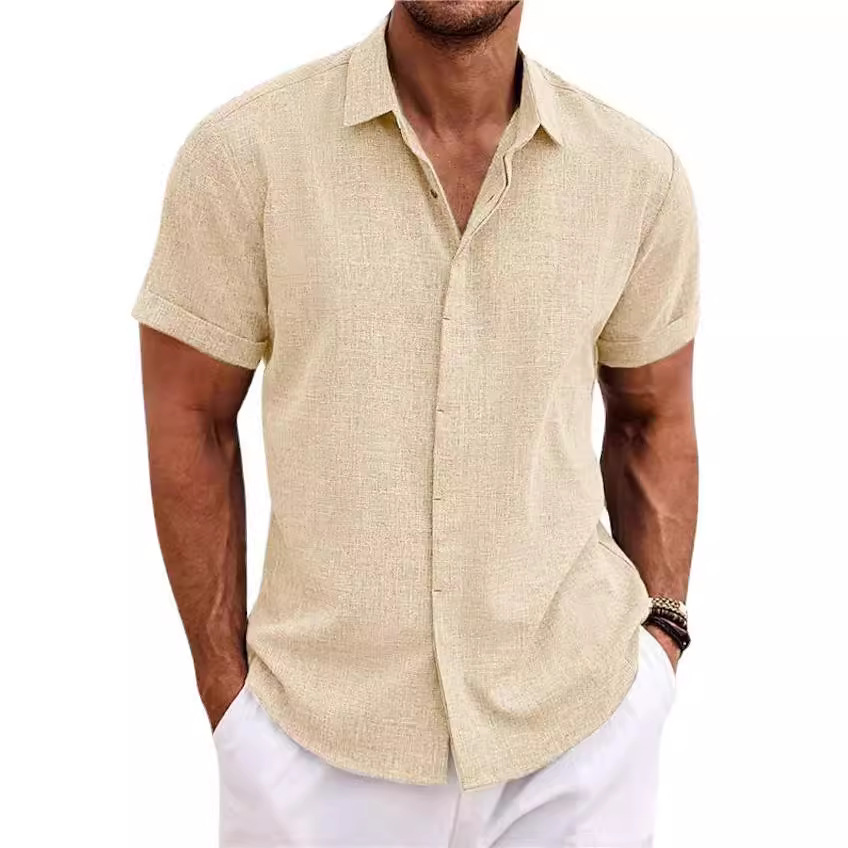 Men's linen short-sleeved T-shirt loose sweatshirt solid color short-sleeved cotton and linen shirt men's beach large size men's short-sleeved shirt - Image 5
