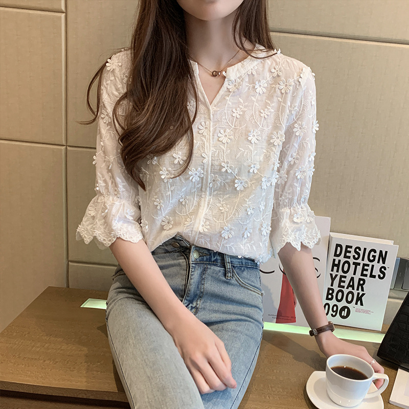 Shirt women's 2023 summer new Japanese embroidered V-neck shirt with flared mid-sleeve fashion slim bottoming top trend - Image 5
