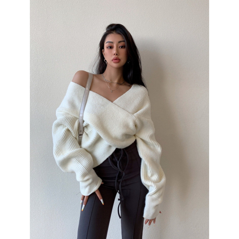European and American cross-border autumn and winter off-shoulder crossover irregular sweater women's new loose short base knitwear