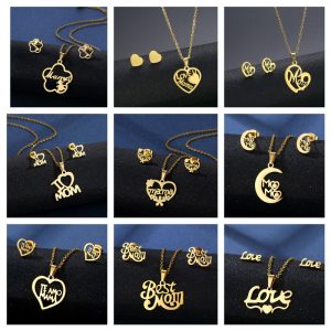 Amazon cross-border new MAMA stainless steel necklace earrings set Fashion personality Mother's Day jewelry set