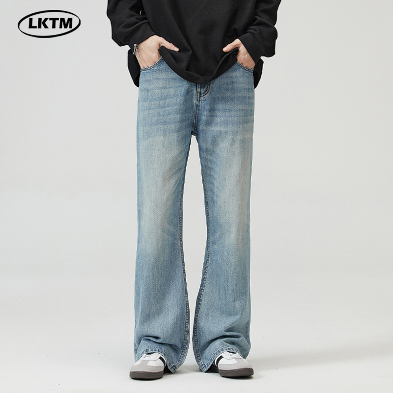 LKTM Men's Wear#American High Street Washed Light Blue Flared Jeans Men's Fashion Brand High-end Slimming Trousers