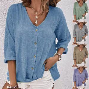 2026 Amazon eBay Cross-border European and American V-neck Pullover Short Sleeve Loose Cotton Linen Shirt Casual Top
