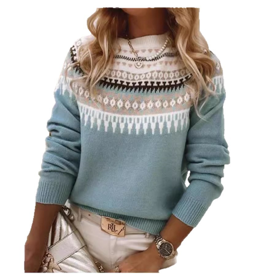 Wish Hot Selling Amazon New European and American Style Sweater Women's Round Neck Color Block Loose Fashion Pullover Knit Sweater - Image 13