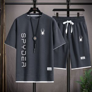 New Summer Men's Waffle Set Casual T-shirt and Shorts Set Men's Sports Suit Solid Color Sportswear
