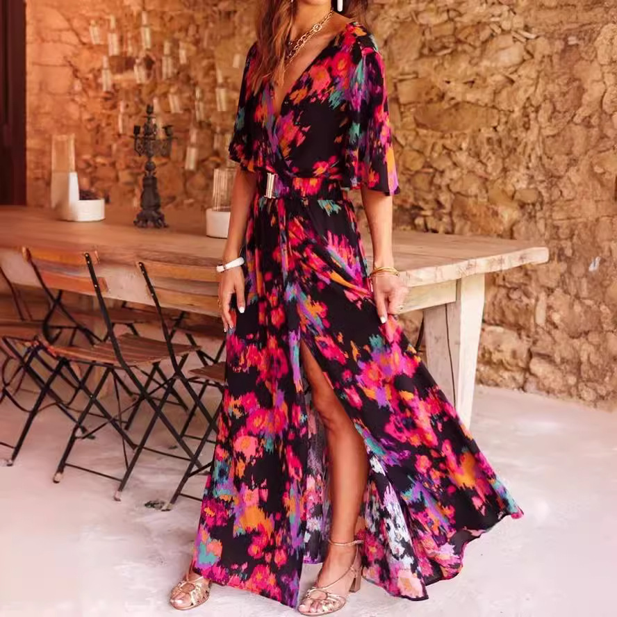2025 spring and summer new European and American cross-border printed short-sleeved dress slim waist commuting mid-length temperament - Image 4