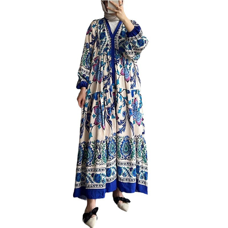 2023 new color contrast dress cross-border dress women's long-sleeved stand-up collar printed large swing skirt national long skirt - Image 4