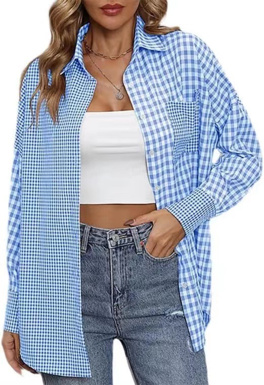 2023 Amazon women's spring and summer new cross-border European and American foreign trade ladies' fashion loose casual plaid shirt - Image 7