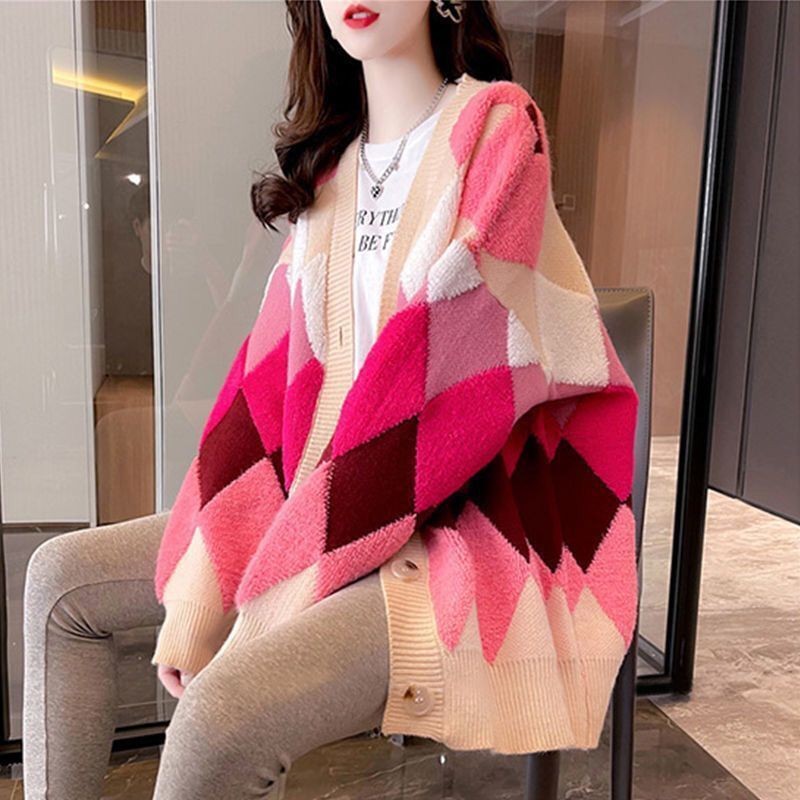 2026 Autumn/Winter New Style Cardigan Sweater for Women, Knitted, Lazy Style, V-neck, Diamond Pattern, Loose Fit, Unique Style - Image 12