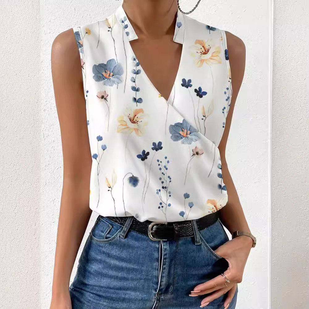 2025 Summer New Women's Printed V-Neck Top/Shirt with European and American French Design for Foreign Trade and Cross-Border Trade - Image 3