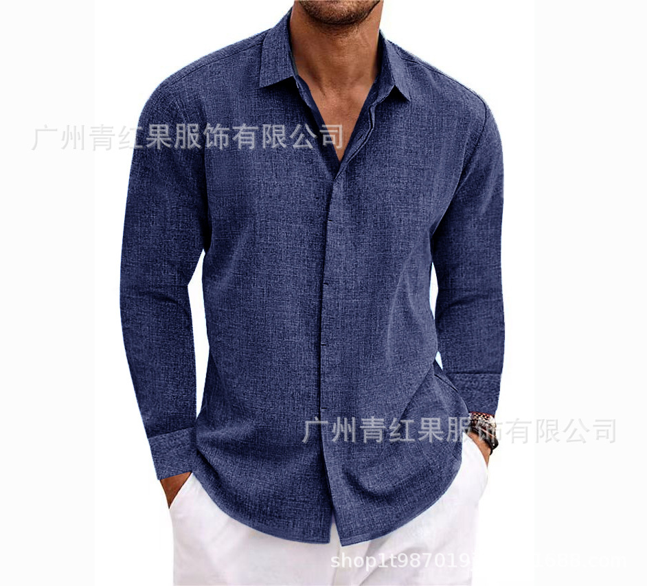 Men's linen long-sleeved T-shirt loose sweatshirt solid color long-sleeved cotton and linen shirt men's large size men's shirt - Image 7