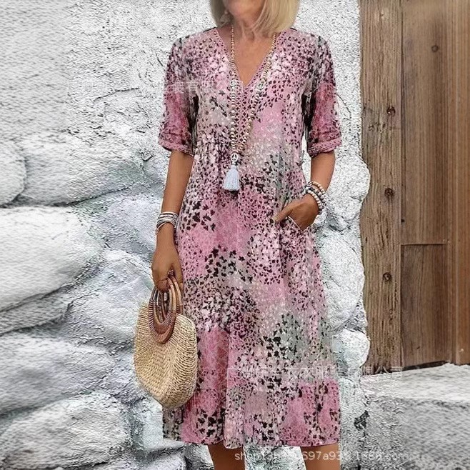 2025 European and American Fashion Cross-border New Casual Vacation Long Dress with Pockets and Lace Trim V-neck Short Sleeve Dress for Women - Image 8