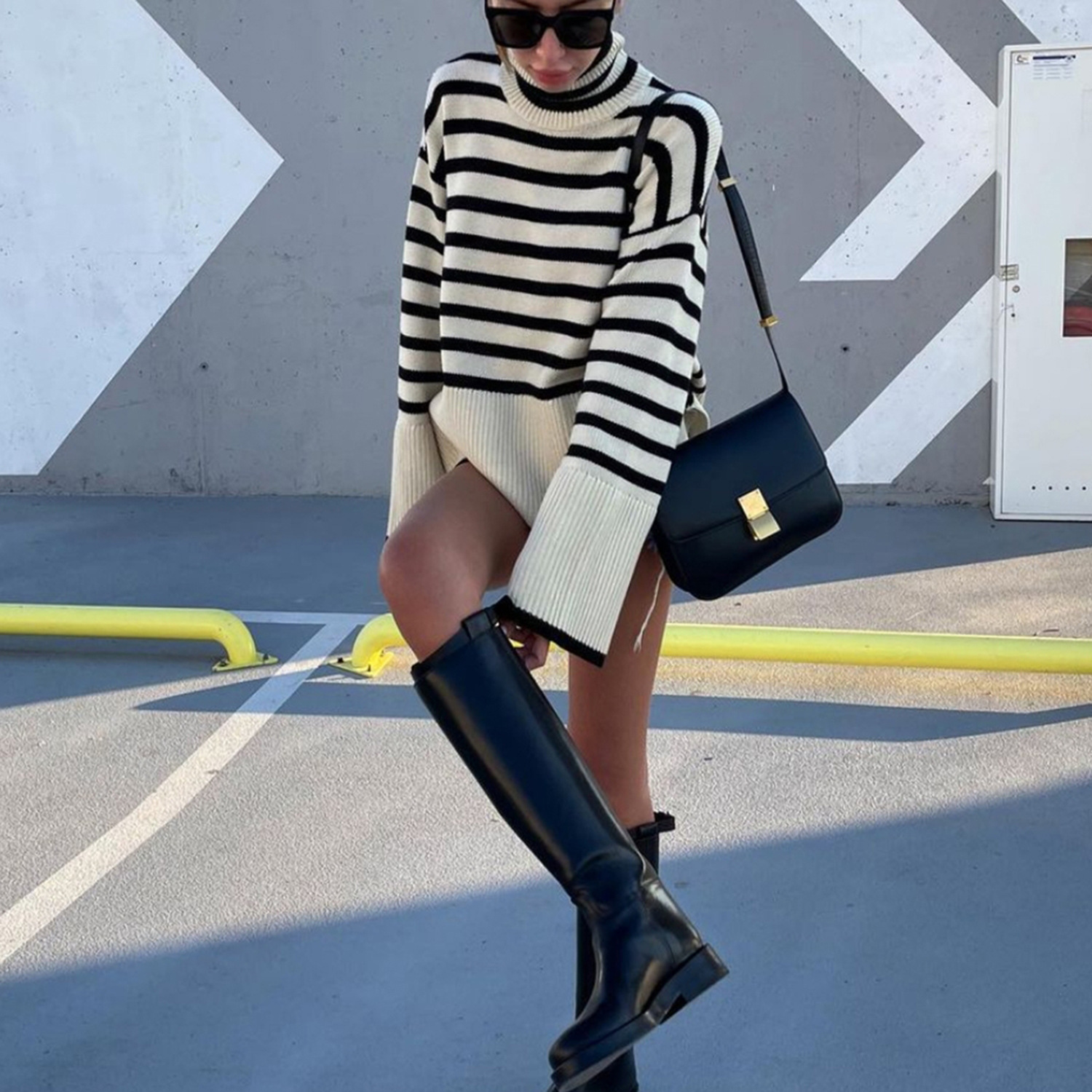 2021 cross-border autumn and winter new AliExpress Amazon popular women's high-neck knitted striped slit sweater top - Image 10