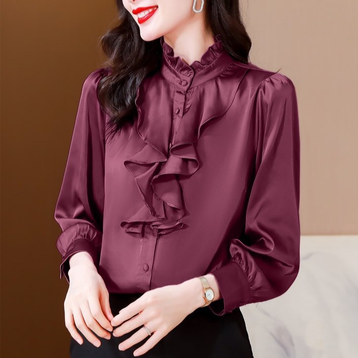 Green 1803 intellectual and generous temperament imitation silk shirt female long sleeve solid color lace collar palace style mulberry silk shirt - Image 2