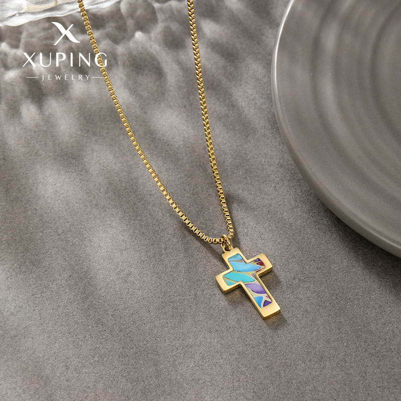 Xuping's new fashionable stainless steel 14k color cross necklace, European and American style, unique hip-hop trendy jewelry for women.