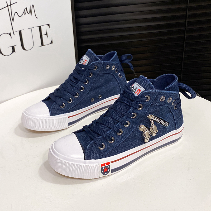 Denim high-top canvas shoes for women Korean casual shoes 2024 spring and autumn new retro large size sneakers zipper - Image 4