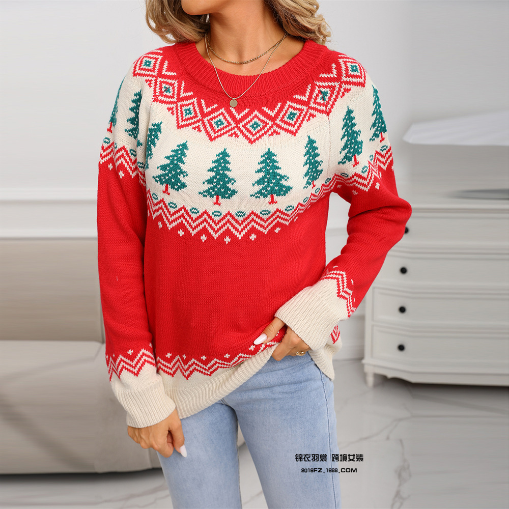 2025 Cross-border Clothing Spot Jacquard Women's Christmas Tree Pullover Knitted Christmas Sweater Casual Loose Long-sleeved Top - Image 2