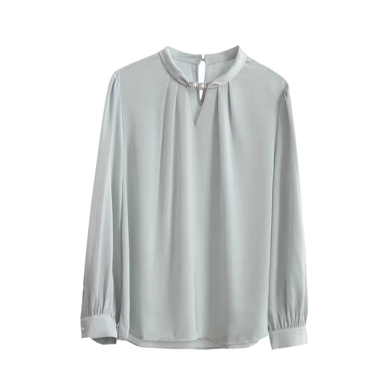 French niche halter neck stand collar beaded shirt female 2025 spring new style pullover satin temperament commuter professional top - Image 5