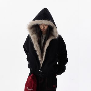 American-style Cleanfit short hooded jacket with fur collar, unisex winter thick cotton coat.