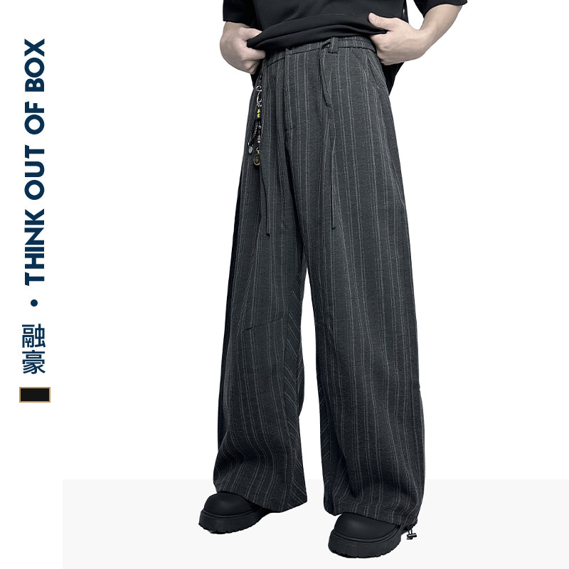 American retro gray striped distressed black casual wide-leg trousers, trendy and versatile for couples, with a flowing drape. - Image 3