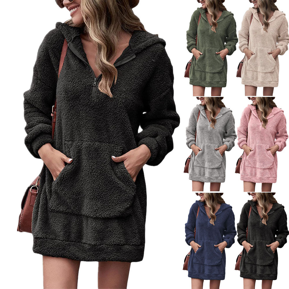 2022 new European and American cross-border autumn and winter women's clothing double-sided fleece hooded loose zipper plush pocket sweater jacket - Image 6