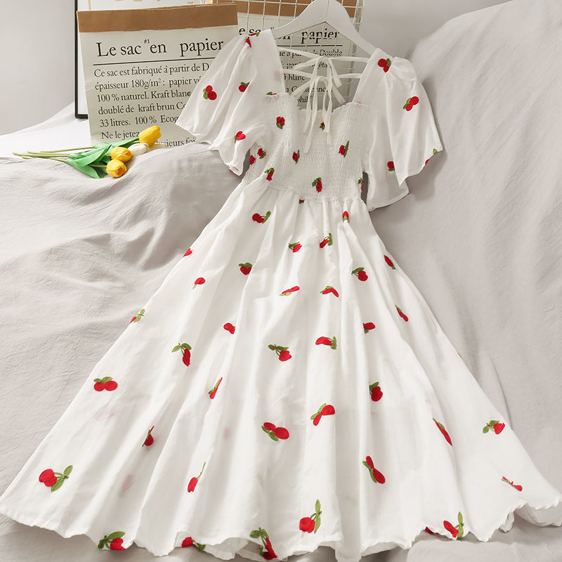 2021 new high-waisted mid-length pineapple print beautiful back age-reducing skirt women's large size lace-up pleated dress summer - Image 6