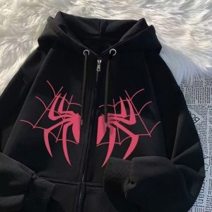 American retro spider print fleece-lined hooded sweatshirt, new autumn/winter 2026 style, trendy loose fit, niche high-street outerwear.