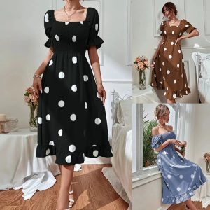 Cross-border foreign trade Amazon independent station 2024 summer large polka dot ruffle temperament slim short-sleeved dress for women