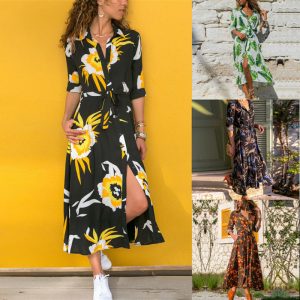 New cross-border European and American style Bohemian print dress, Amazon long-sleeved single-breasted elegant slimming dress