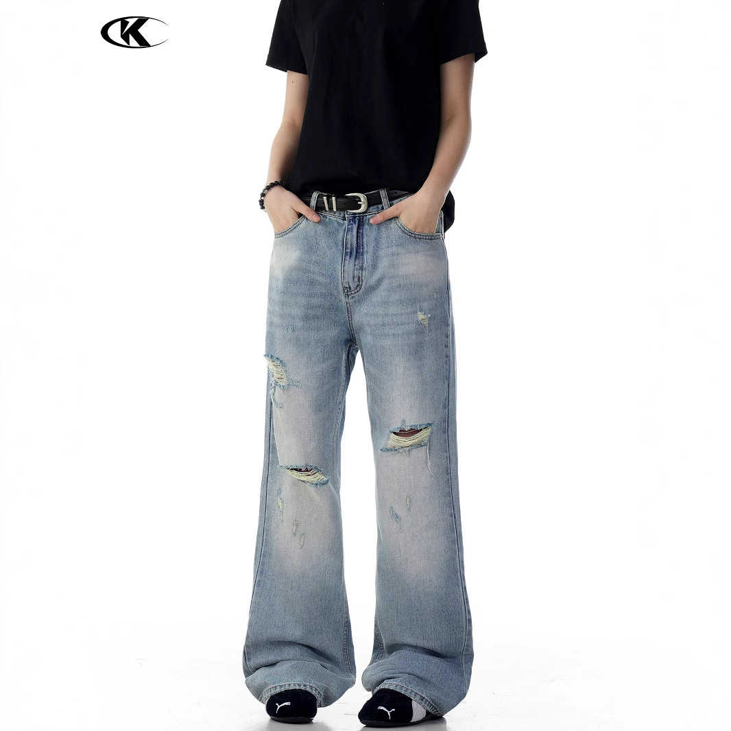 11KN American washed blue ripped flared jeans for men and women bootcut slim loose personality casual trousers - Image 3