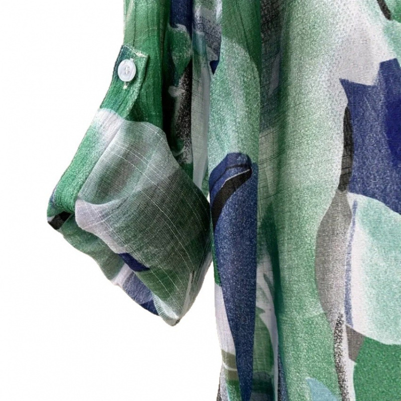 Amazon mid-length loose chiffon blouse with green and blue color blocking abstract print, lightweight and breathable, 2026 European and American cross-border style. - Image 5