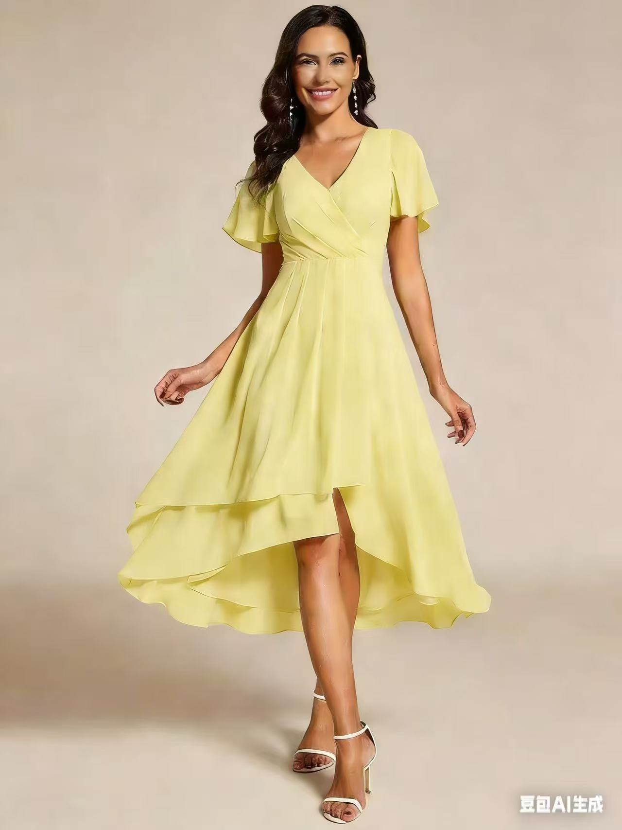 2025 Hot Selling New European and American Cross-border Summer Solid Color V-neck Ruffle Sleeve Chiffon Elegant Party Dress - Image 9