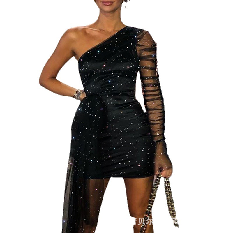 European and American women's clothing new ladies black sexy one-shoulder mesh gold-stamped pleated dress-HDZ0066 - Image 5