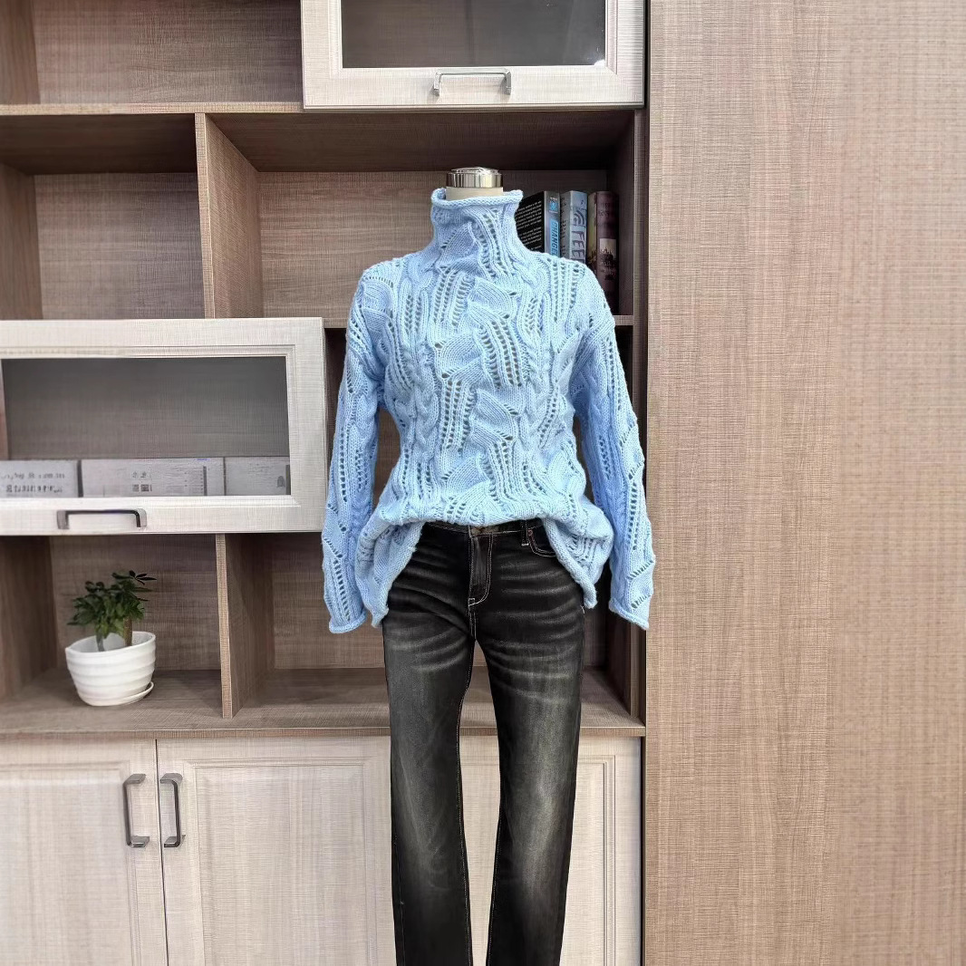 Spot Zhao Jinmai same style foreign trade cross-border half-high collar hollow knit sweater women's autumn and winter gentle style sweater top - Image 2