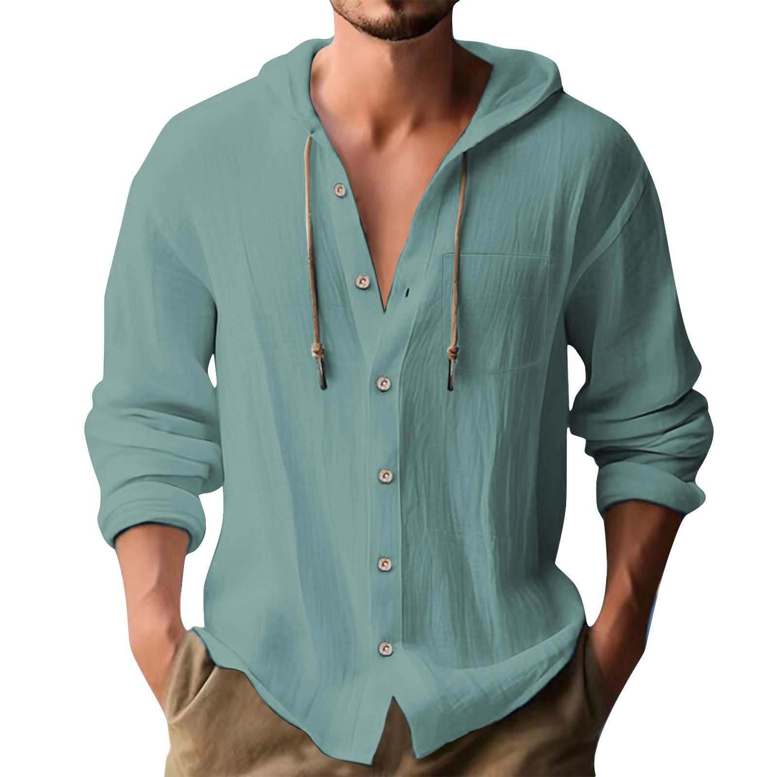 Cross-border European and American 2025 New Hot Selling Sports Trendy Hooded T-shirt Solid Color Cotton Linen Casual Long Sleeve Men's Shirt - Image 16