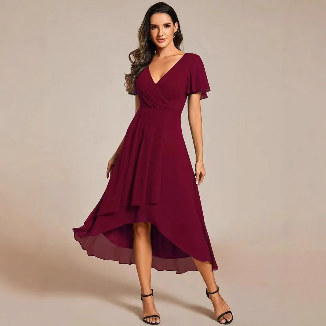 2025 Hot Selling New European and American Cross-border Summer Solid Color V-neck Ruffle Sleeve Chiffon Elegant Party Dress - Image 3