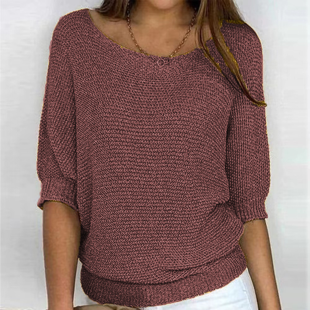 2026 New Russian AliExpress Wish Solid Color Crew Neck Knitted Top Women's Three-Quarter Sleeve Top Air Conditioning Shirt In Stock - Image 16