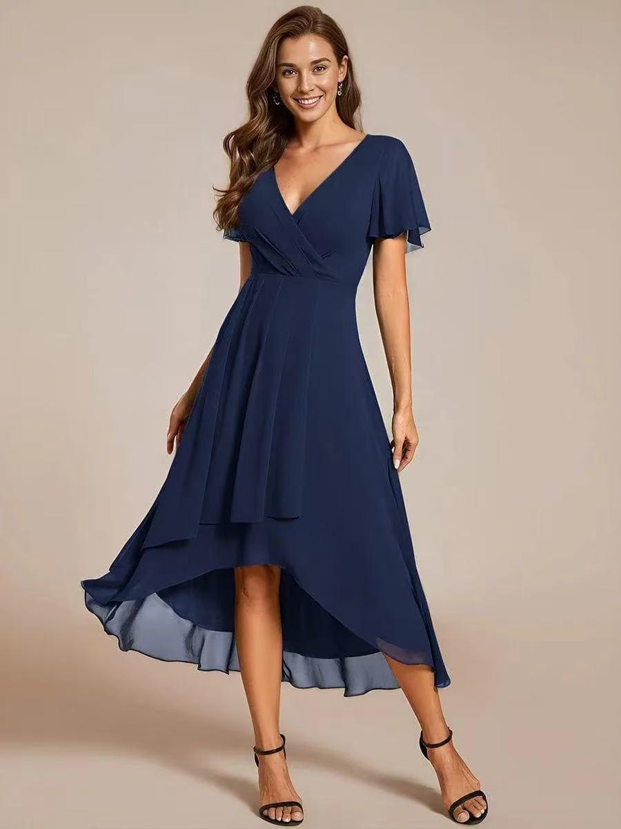 2025 Hot Selling New European and American Cross-border Summer Solid Color V-neck Ruffle Sleeve Chiffon Elegant Party Dress - Image 13