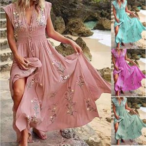 2025 New European and American Cross-Border Amazon Summer Women's V-Neck French Beach Bohemian Print Dress
