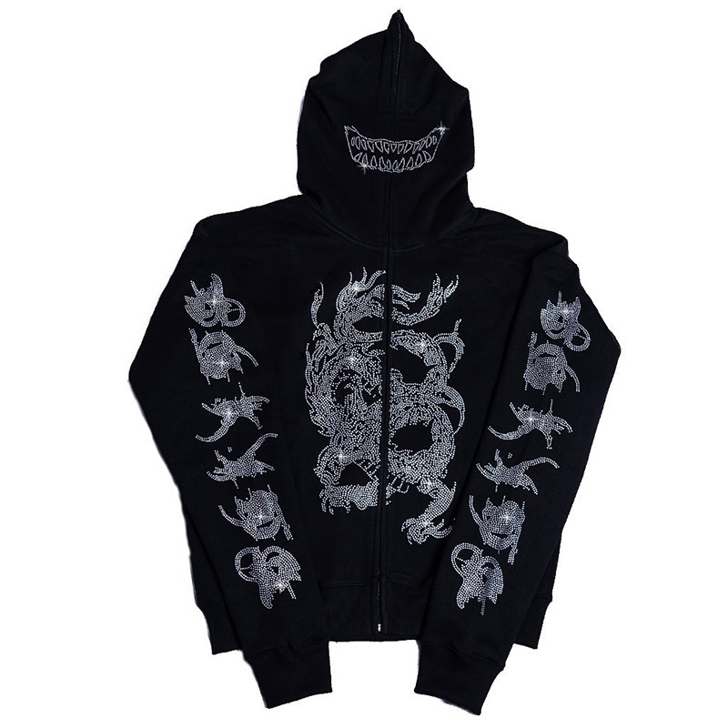 2022 AliExpress New Ladies Street Hoodie Skull Rhinestone Zipper Hooded Hoodie - Image 12