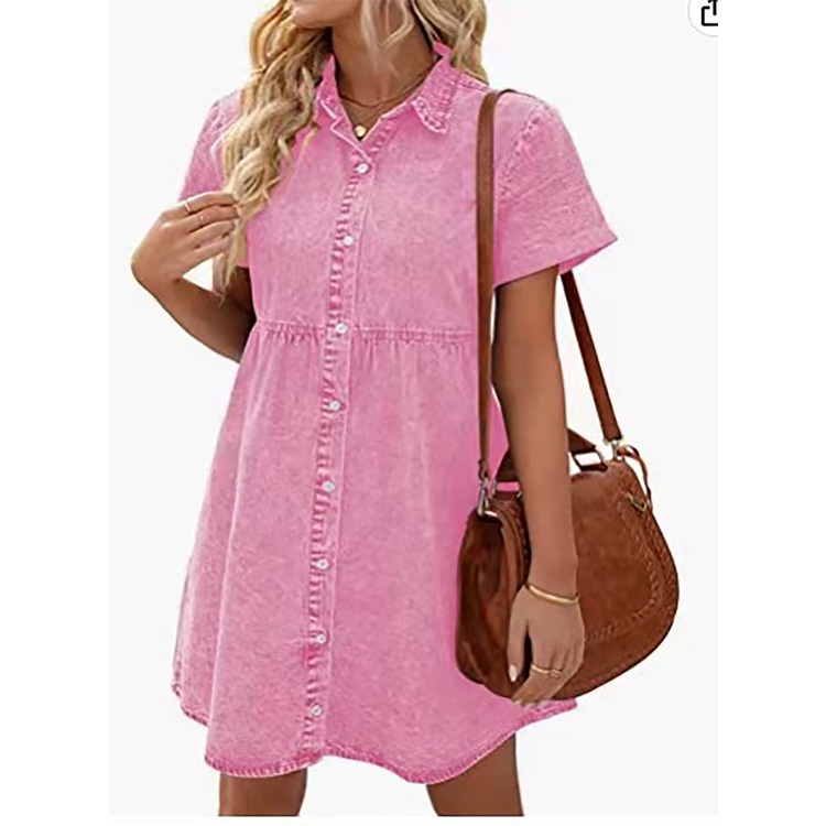 2022 Cross-Border Foreign Trade Amazon European and American Washed Denim Lapel Loose Sweet Lotus Leaf Dress Short Skirt New - Image 7