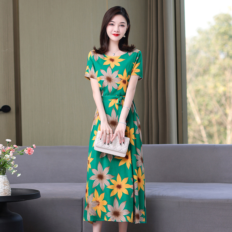 Artificial cotton silk dress women's clothing 2023 summer new middle-aged mother mid-length over-the-knee plus-size loose skirt - Image 19